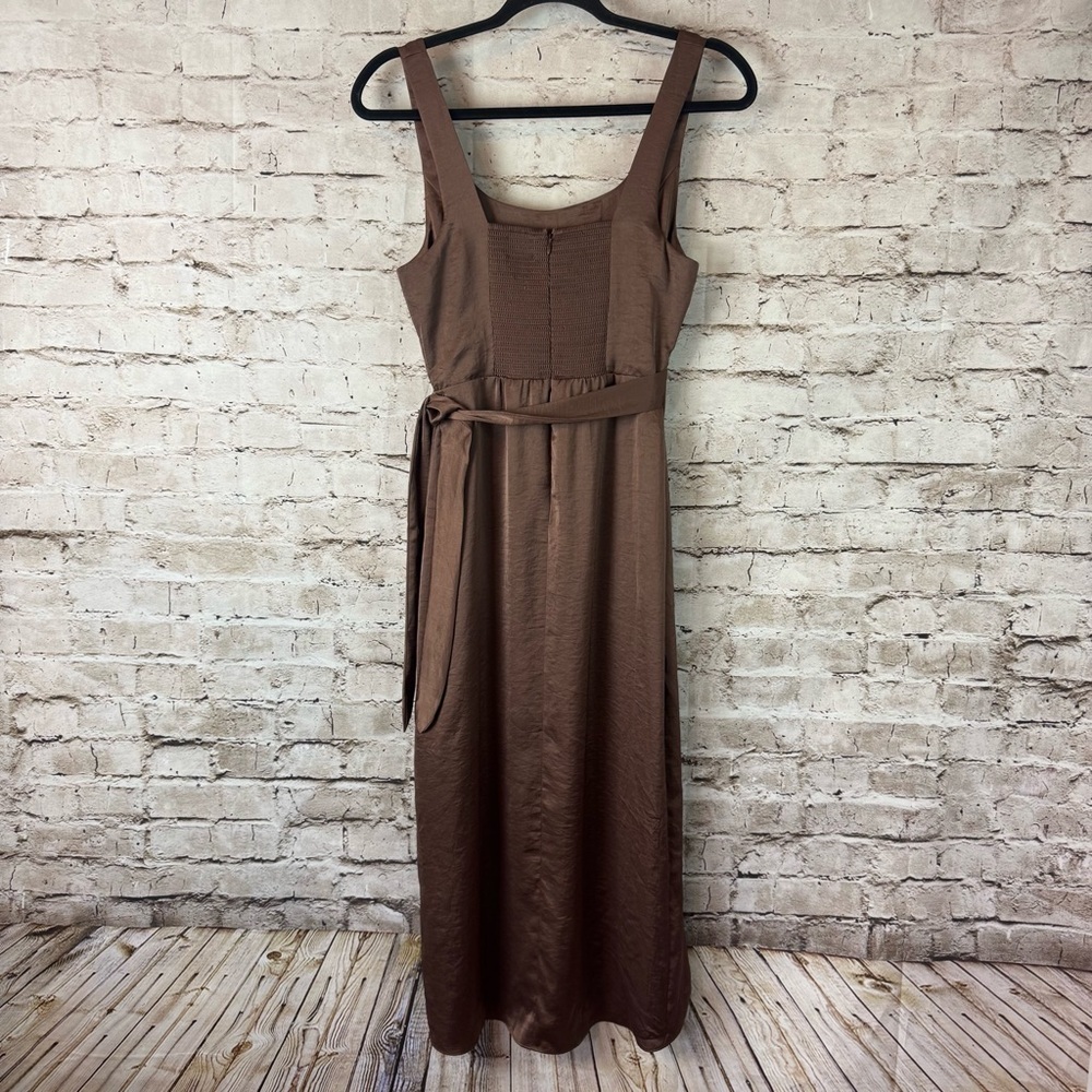Wilfred Aritzia Size 2 Saturn Satin Midi Dress Cocoa Brown $128 Sleeveless Tie - Picture 13 of 14